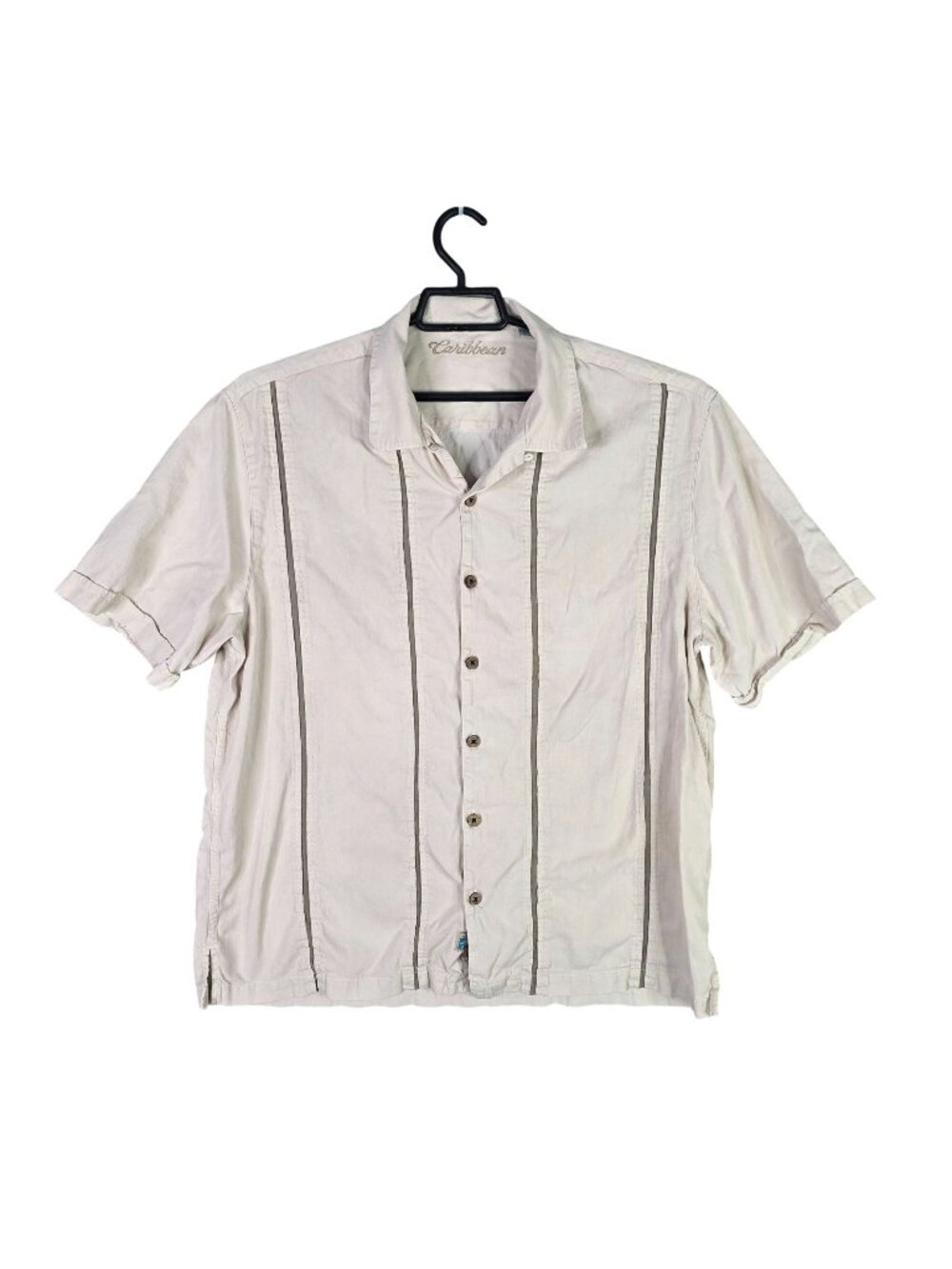 Mens Caribbean Beige Silk Cotton Blend Button Up Shirt Short Sleeve Size XL